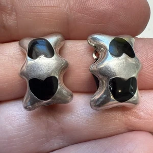 Vintage 925 Sterling Silver Black Enamel Heart Puffy Clip On Earrings Modernist - Picture 1 of 6