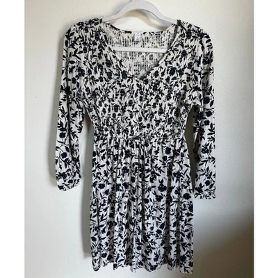 Vestido feminino azul marinho floral antigo elástico franzido tamanho XS manga 3/4 - Imagem 1 de 4