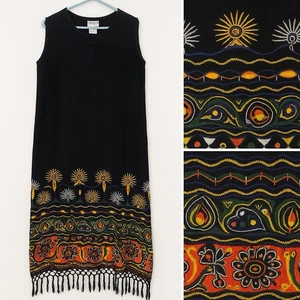 Marisol Anthropologie Black Embroidered Sheer Dress XL Fringe Hem Rayon Boho - Picture 1 of 7