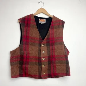 Vintage 70s 80s Heritage Wool Plaid Button Up Brown Red Workwear Lumberjack Vest - Picture 1 of 6