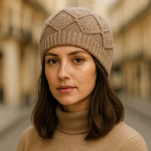 Damen Wolle Kaschmir Beanie Taupe Raute Argyle Strick OS Pariser Chic Preppy - Bild 1 von 8