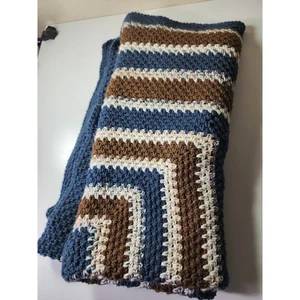HANDMADE Crochet Brown Blue Sqre Striped Mushroom Applique Afghan Blanket 60x60 - Picture 1 of 5