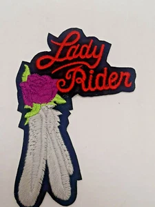Motorcycle Jacket Embroidered Patch Lady Rider w/Red Rose & Feather Women Biker - Bild 1 von 5