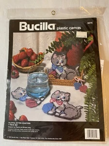 Bucilla Plastic Canvas Playful Kitten Cat Coasters 7 piece Set Gray Blue Pink  - Picture 1 of 2