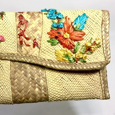 VTG Straw Floral Clutch Bag Hand Stitched Jamaica Tropical TIKI Kitschy Beach - Image 1 of 4