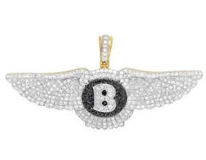 10K Yellow Gold Bentley Flying B Treated Black Real Diamond Pendant 1.85 Ct 1" - Picture 1 of 5