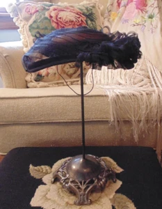 Vintage Woman's Black Skull Cap Hat Ruffled Ribbon 40's See Through Mesh - Picture 1 of 7