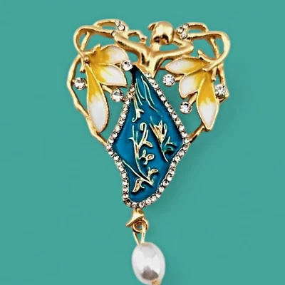 Broche señora estilo art nouveau colgante esmalte flores de lirio cristales pin oro Q4 Foto 1 de 4