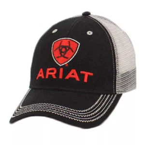 New! Black gray & red ARIAT SHIELD LOGO w/ HORSESHOES BASEBALL CAP Hat w/ Mesh - Bild 1 von 1