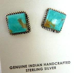 NWT Navajo Judith Dixon Square Turquoise Earrings 925 Sterling Silver 1/2" - Picture 1 of 3