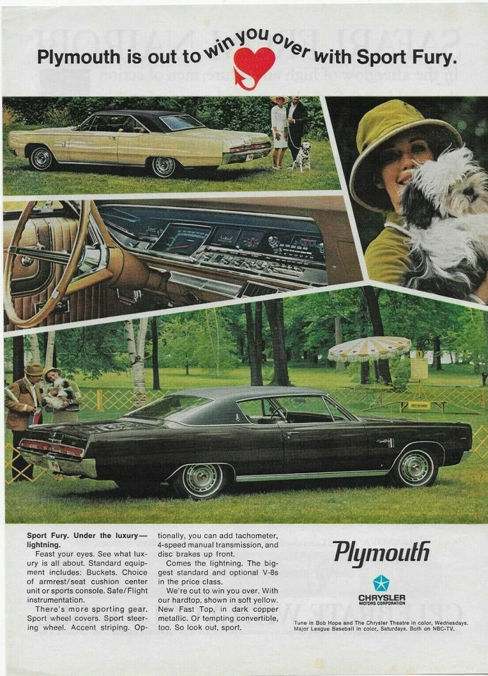 Plymouth Sport Fury 1968 amarillo suave cobre metálico coche cachorro anuncio impreso vintage Foto 1 de 1