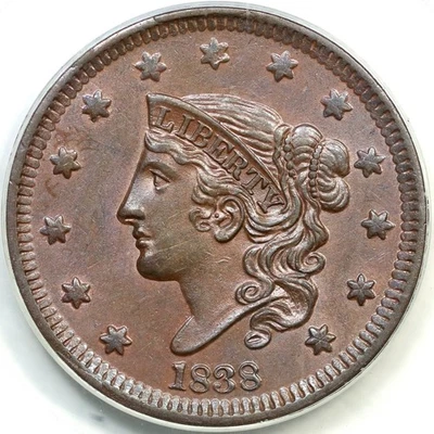 1838 N-1 R-1 PCGS MS 63 BN CAC Matron or Coronet Head Large Cent Coin 1c - Image 1 of 3