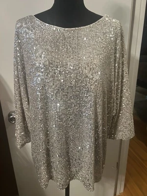 Blusa CABLE & GAUGE Mujer Plateada Lentejuelas 3/4 Mangas Puños Cuello Redondo 1X Foto 1 de 4