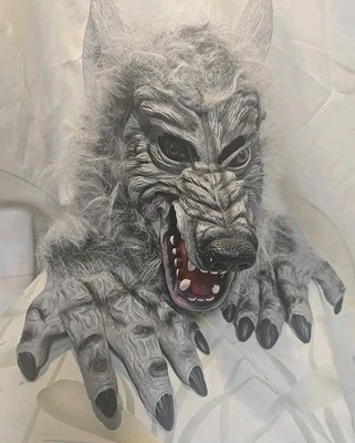Máscara de látex de goma gris hombre lobo Halloween temporada marca con guantes miedo adulto Foto 1 de 4