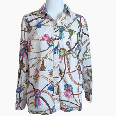 TALBOTS Cotton Shirt Blouse Top Medium Petite MP Equestrian Ribbons Bridle Chain - Image 1 of 4