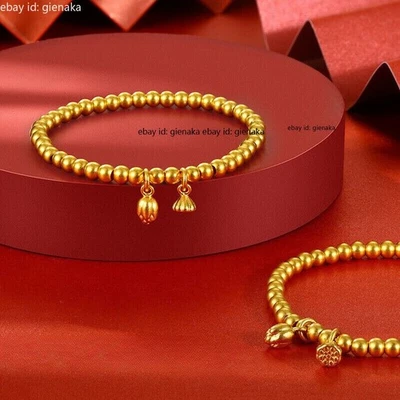 Pure 999 24K Yellow Gold Lucky Beads Lotus Bracelet Gold Women Men Bangle - Image 1 of 4