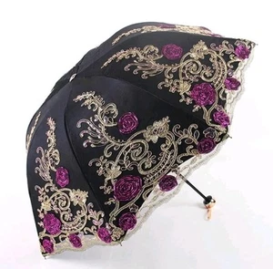 Honeystore Vintage Lace UV Sun Parasol Folding 3D Flower Embroidery Black/Purple - Picture 1 of 12