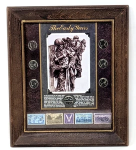 Vintage 1940s The Early Years WWII War Framed Jefferson Nickels Coins & Stamps - Picture 1 of 4
