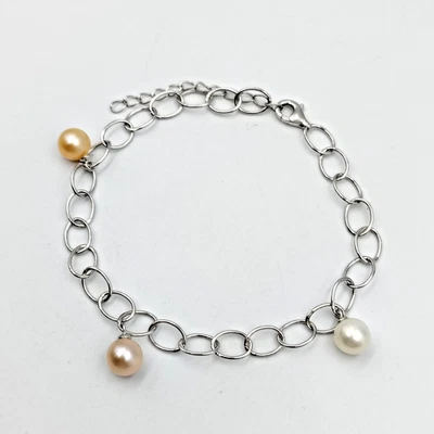 Sterling Silver 925 Genuine Pearl 3 Charms/Station Dainty Bracelet Adjustable  - Image 1 of 4