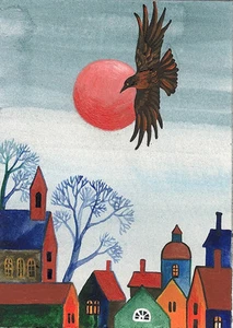 ACEO PRINT OF PAINTING FOLK ART RYTA RAVEN CROW FOLK ART ABSTRACT Landscape 🌺 - Picture 1 of 1