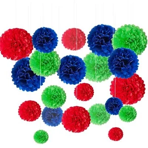 27PCS Blue Green Red Tissue Pom Poms Birthday Baby Shower Wedding Decor - Picture 1 of 7