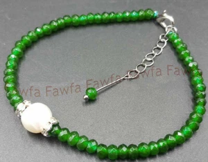 2X4/4X6/5X8mm Faceted Green Jade Gems & 9-10mm White Pearl Bracelet 7-8.5'' - Picture 1 of 7