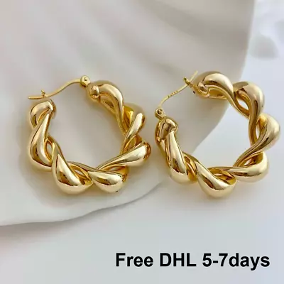 Pendientes grandes de aro gordito brillante de oro amarillo puro de 18 quilates Au750 para mujer 27*28*6 mm Foto 1 de 4