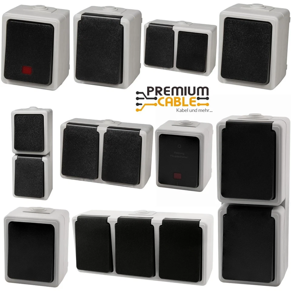 Feuchtraum Aufputz Steckdosen Taff Serie IP44 2er 3er AP Kombi Schalter f. Außen - Bild 1 von 4