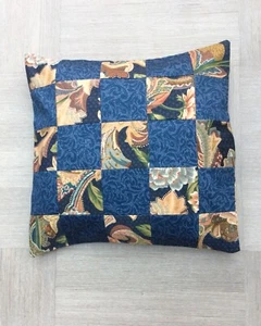 Handmade Patchwork Blue and Tan Cushion Cover C276 - Picture 1 of 4