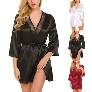 Women Sexy Satin Silk Lace Short Bride Kimono Robe Night Sleepwear Dressing Gown - Picture 1 of 13