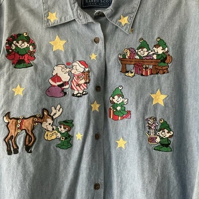Karen Scott Vintage Cotton Denim Sz XL Holiday Embroidered Shirt Grannycore Cozy - Image 1 of 4