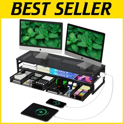 2 Tier Monitor Stand with USB Charging - Black - Image 1 of 4