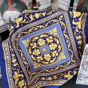 Italian Designer Silk Scarf Small for Neck Purse Pocket 100% Silk Blue & Gold - Picture 1 of 24