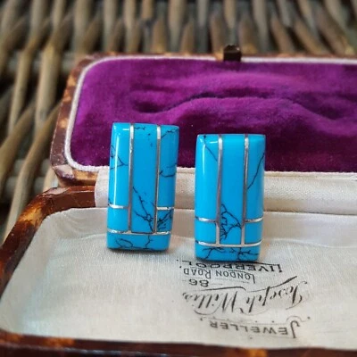 Aretes vintage de plata maciza, imitación turquesa, pendientes de plata 950, México  Foto 1 de 4