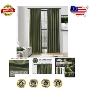 Olive Green Triple Weave Blackout Curtains 96 Inch - Rod Pocket Style, Set of 2 - Picture 1 of 10