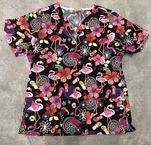 Flamingo Floral Print Scrub Top Women’s Tafford Black V-Neck Pockets Size XS - Picture 1 of 12