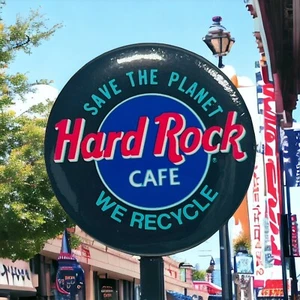 Hard Rock Cafe Logo BUTTON Pin Pinback 1.25 Inch Save the Planet We Recycle - Picture 1 of 4