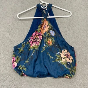 Free People Tank Womens Small Halter Tropical Floral Boho Satin Cropped Blue - Picture 1 of 13
