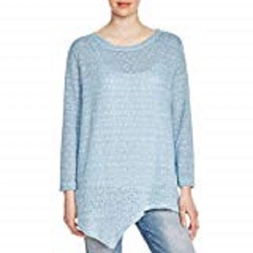 NALLY & MILLIE $98 蓝色开口针针织衫 鲨鱼咬不对称下摆 尺寸 S 全新带标签 — 第 1/1 张图片