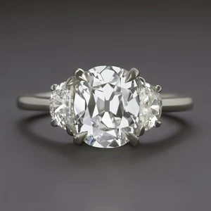 2ct OLD MINE CUT LAB CREATED DIAMOND ENGAGEMENT RING HALF MOON PLATINUM 3 STONE  - Picture 1 of 1