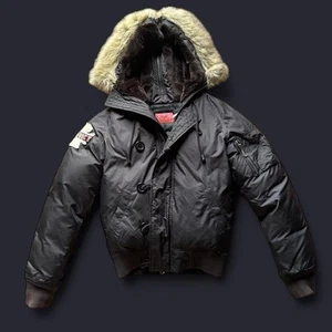 Y2K Juicy Couture Black/Brown Patched Puffer Jacket with Faux Fur Zipped Hood - Picture 1 of 7