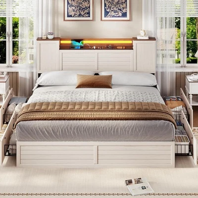 Marco de cama King Farmhouse con cabecero y gabinete de almacenamiento doble puerta de granero blanco Foto 1 de 4