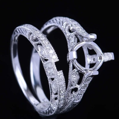 Alianza de boda real de oro blanco de 10K de 9x7 mm ovalada semi montura anillo de diamantes naturales estelas Foto 1 de 4