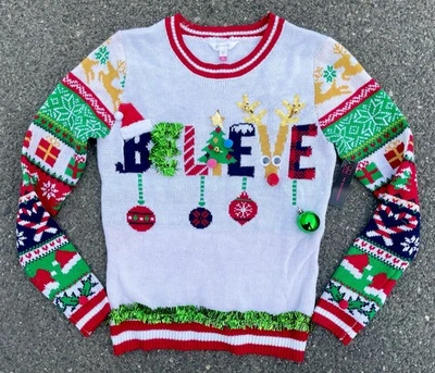Ugly Christmas Sweater 3D Ornaments “Believe” Size M (3-5) Jr’sNo Boundaries New - Image 1 of 4