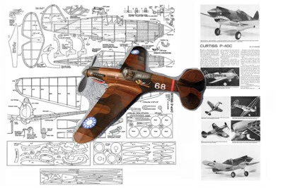 Model Airplane Plans (FF): WWII Curtiss P-40C 1/24 Scale 19" Rubber Power - Image 1 of 2