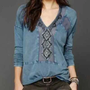 Free People Top Focus On Center Size L Beaded Embellished Blue Boho Oversized - Picture 1 of 12