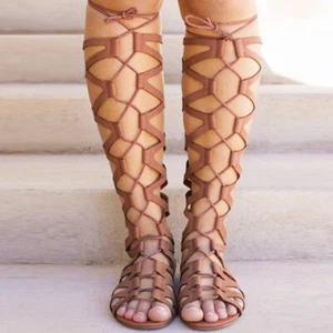 2021 Knee High Cut Out Lace Up Ladies Flat Gladiator Womens Summer Sandals Shoes - Picture 1 of 10