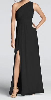 NEW Black Long One-Shoulder Chiffon Bridesmaid Evening Dress, Size 6 F18055 - Image 1 of 4