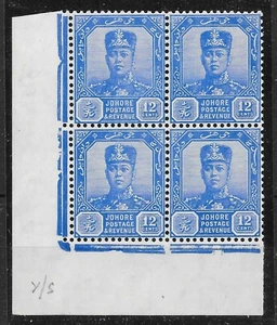 MALAYA JOHORE SG114 1940 12c ULTRAMARINE MNH BLK OF 4 - Picture 1 of 1