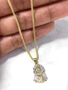 14K Solid Yellow and white Gold Jesus face Pendant with Franco Chain Necklace - Picture 1 of 4